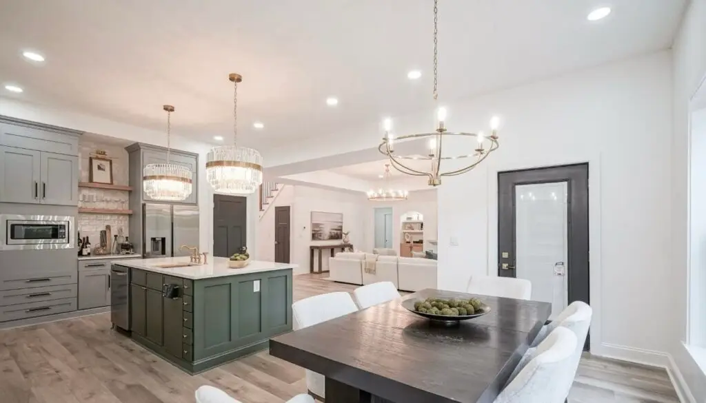 Painted sage-green kitchen cabinets with white countertops, Carmel IN