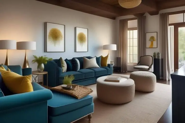 Office living-room-with-blue-couch-white-wall-with-painting-it