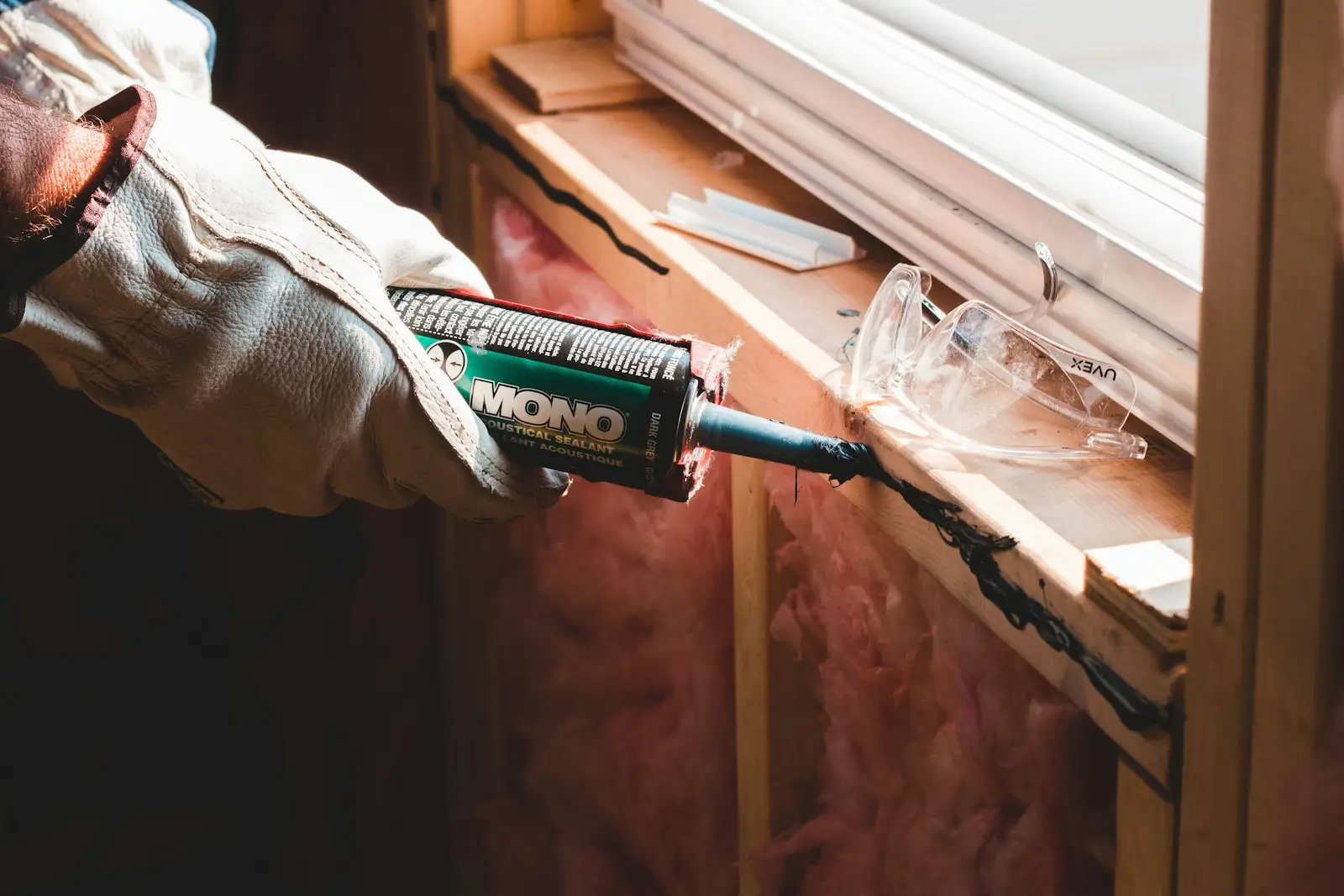 Applying fresh caulk around exterior window trim to seal out moisture