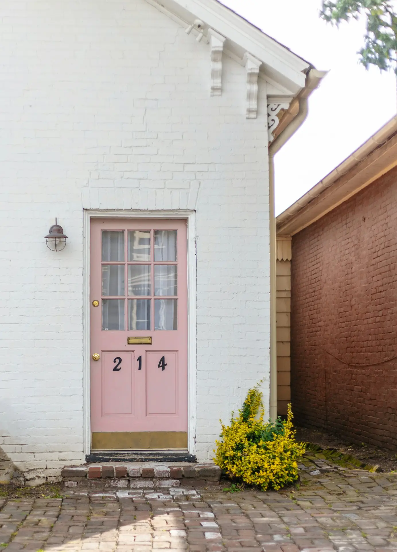 White painted brick wall with pastel front door — limewash color pairing detail